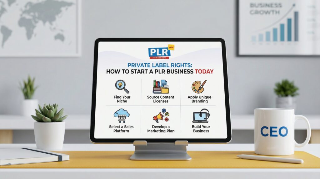 Tablet on an office desk displaying a step by step business workflow for using Private Label Rights in digital product creation