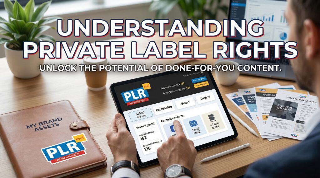 Entrepreneur reviewing digital content assets and branding materials on a tablet to understand how Private Label Rights can support online business growth
