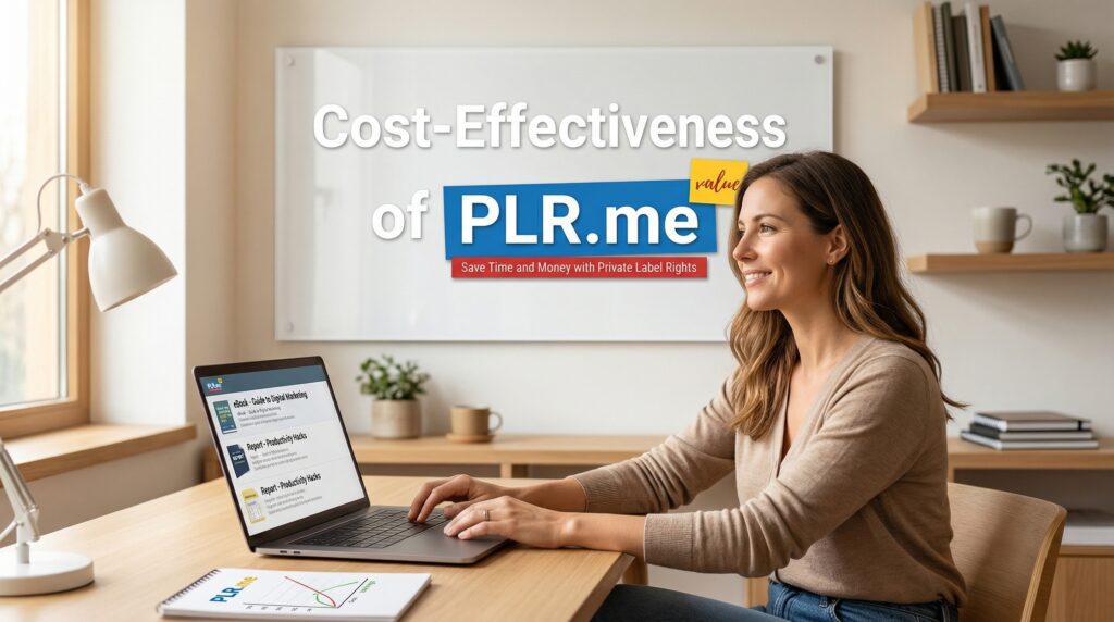 Woman working on a laptop in a home office while exploring the business value and efficiency of Private Label Rights content