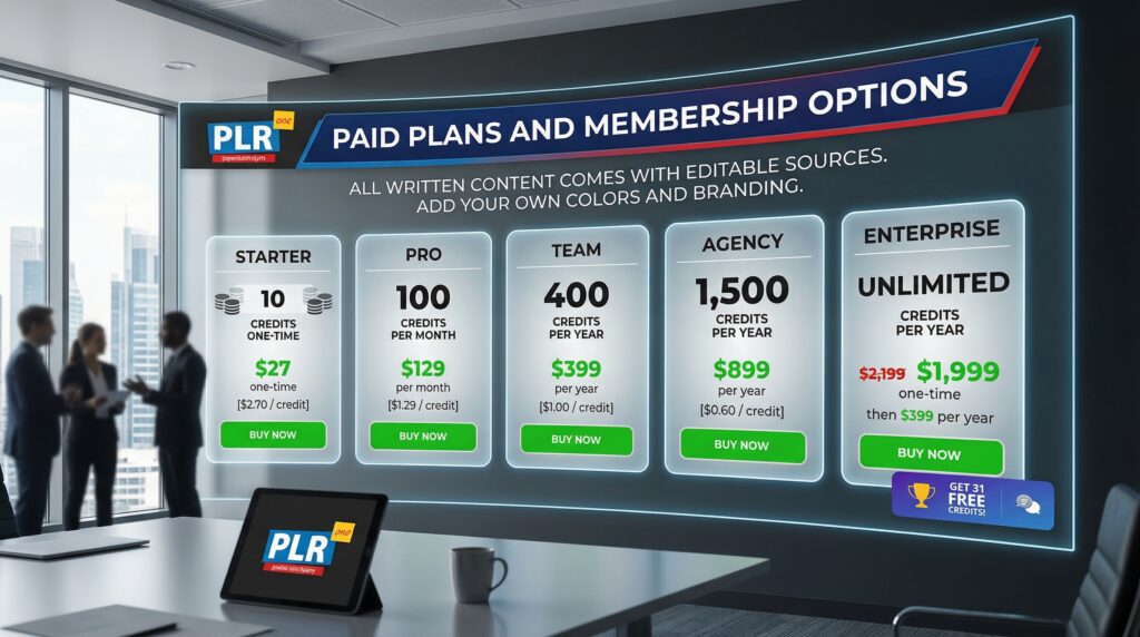 Large digital pricing board in a modern office showing membership tiers and credit based software plans with business team in the background