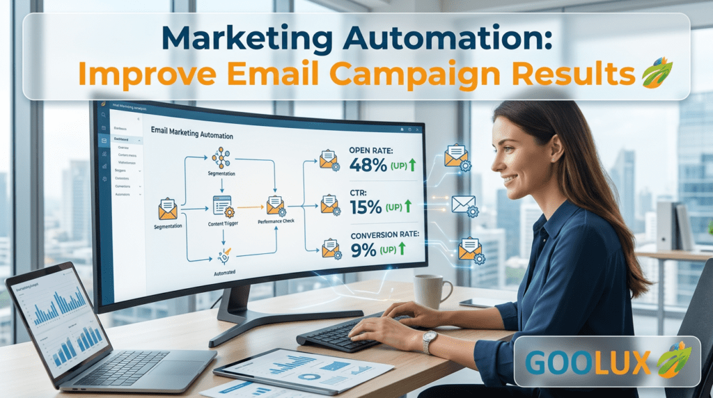 Professional using Marketing Automation software to manage email workflows, campaign analytics, and performance improvements in a modern office