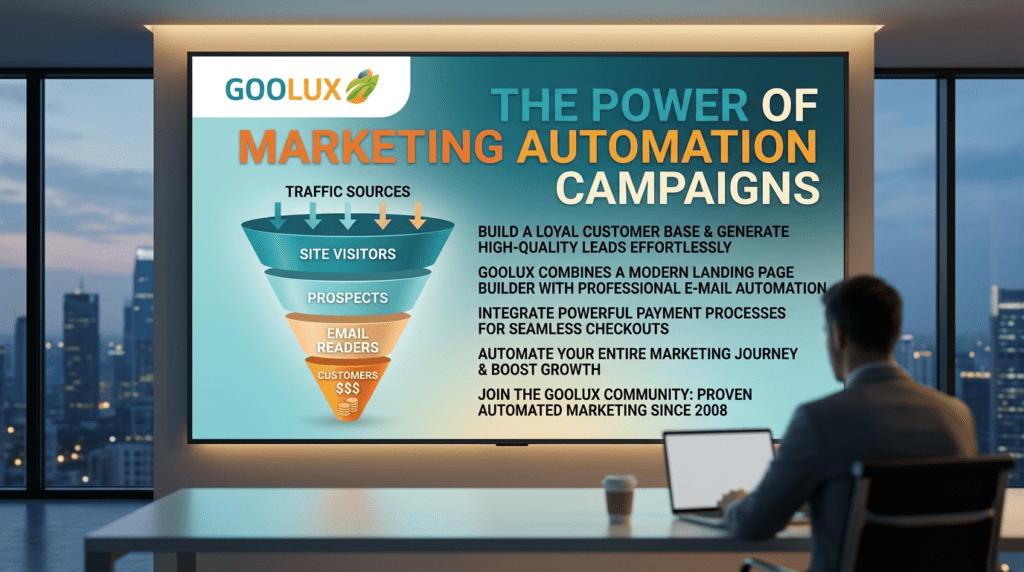 Business presentation showing a sales funnel and lead generation workflow powered by Marketing Automation in a modern conference room