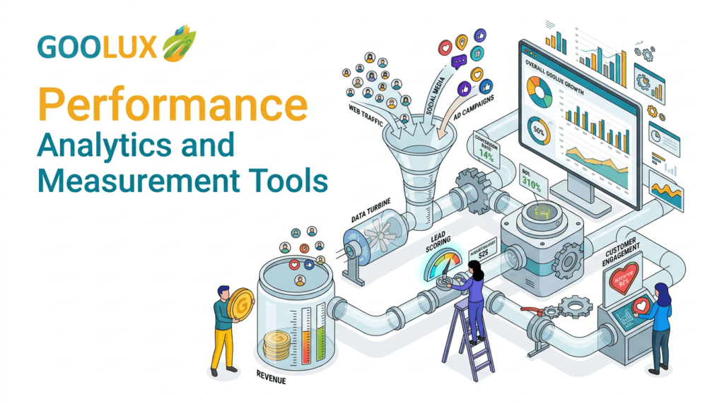 Illustrated dashboard system showing Marketing Automation with traffic sources, lead scoring, revenue tracking, and customer engagement analytics