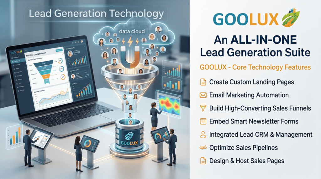 Lead generation platform dashboard with analytics screens, customer data flow, funnel visuals, and team members reviewing performance metrics