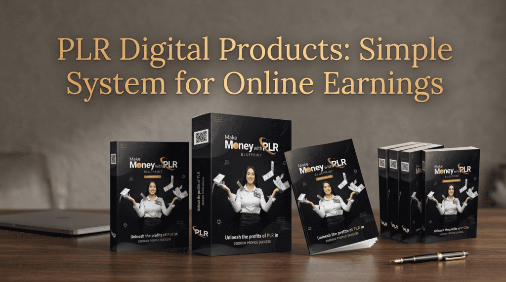 Course style product bundle presenting PLR digital products for online income generation with multiple boxed resources on a desk