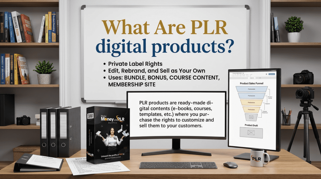 Home office setup with monitors, documents, and product materials explaining how PLR digital products can be customized and sold online