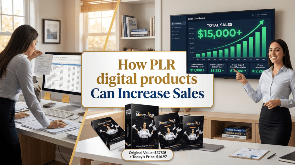 Business presentation showing sales growth and product packages designed to demonstrate how PLR digital products can increase online revenue