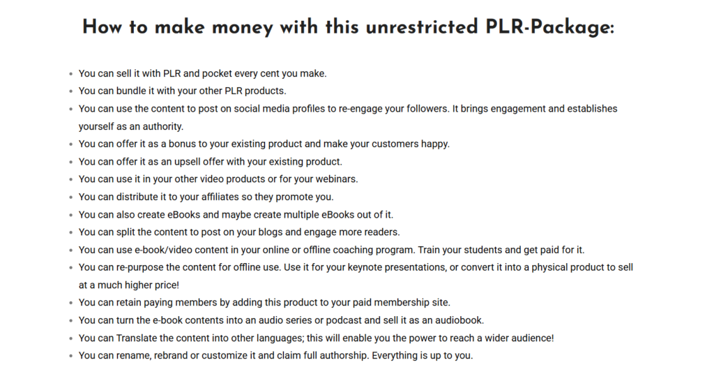 List of advantages gained from buying PLR digital products.