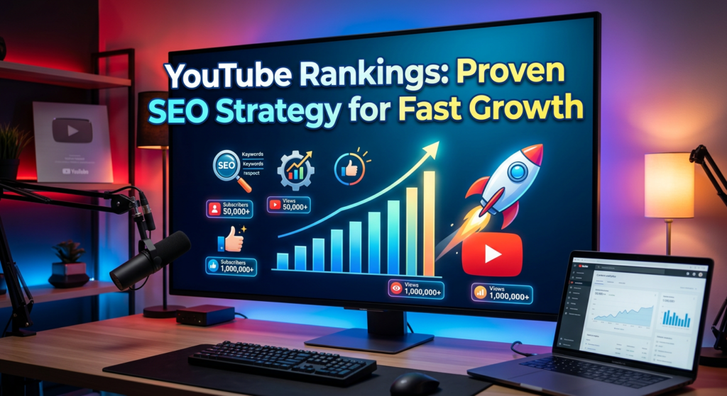 Studio desk setup with analytics screens and growth graphics illustrating strategies for improving YouTube Rankings and channel performance