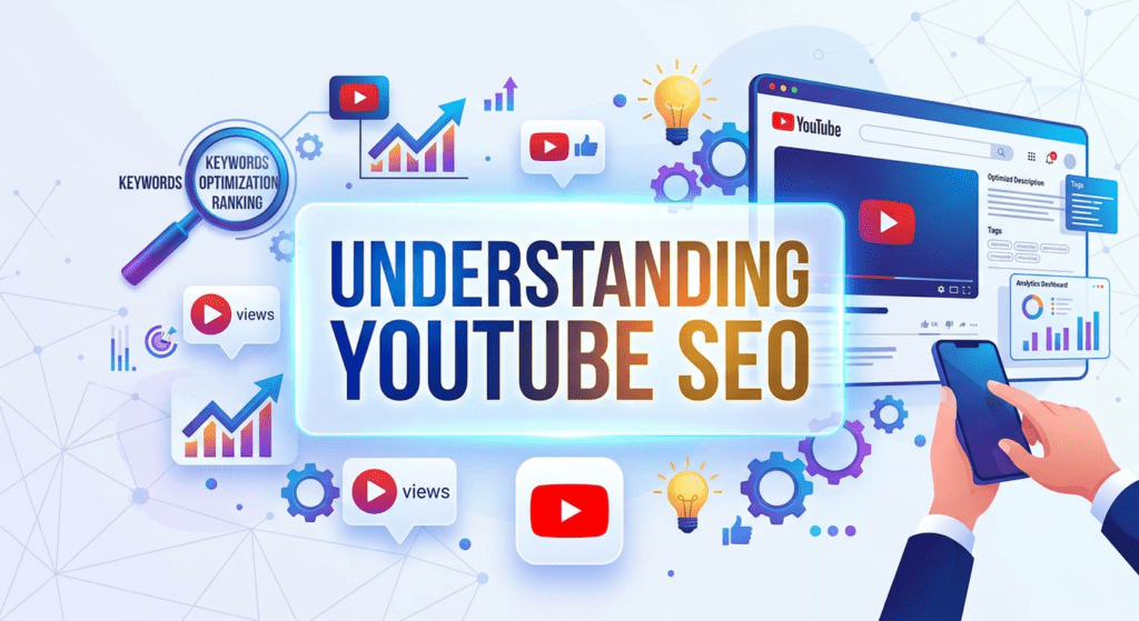 Illustrated YouTube SEO concept with analytics, keywords, video engagement signals, and optimization elements for improving YouTube Rankings