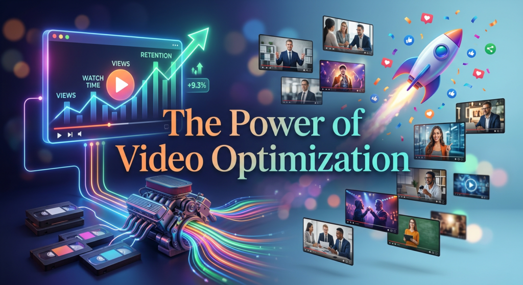 Colorful video optimization graphic with analytics, engagement metrics, and content growth signals representing strategies for better YouTube Rankings