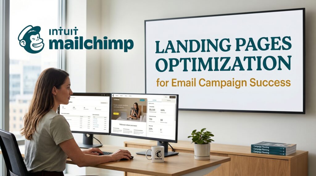 Woman working at a dual-monitor desk reviewing email marketing analytics while a large screen presents a training session about optimizing Landing Pages for better campaign performance.
