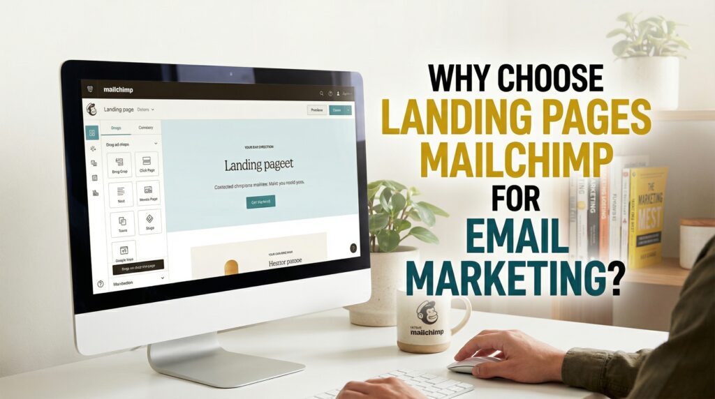 Person working at a desktop computer, designing Landing Pages in Mailchimp for an email marketing campaign in a modern home office.