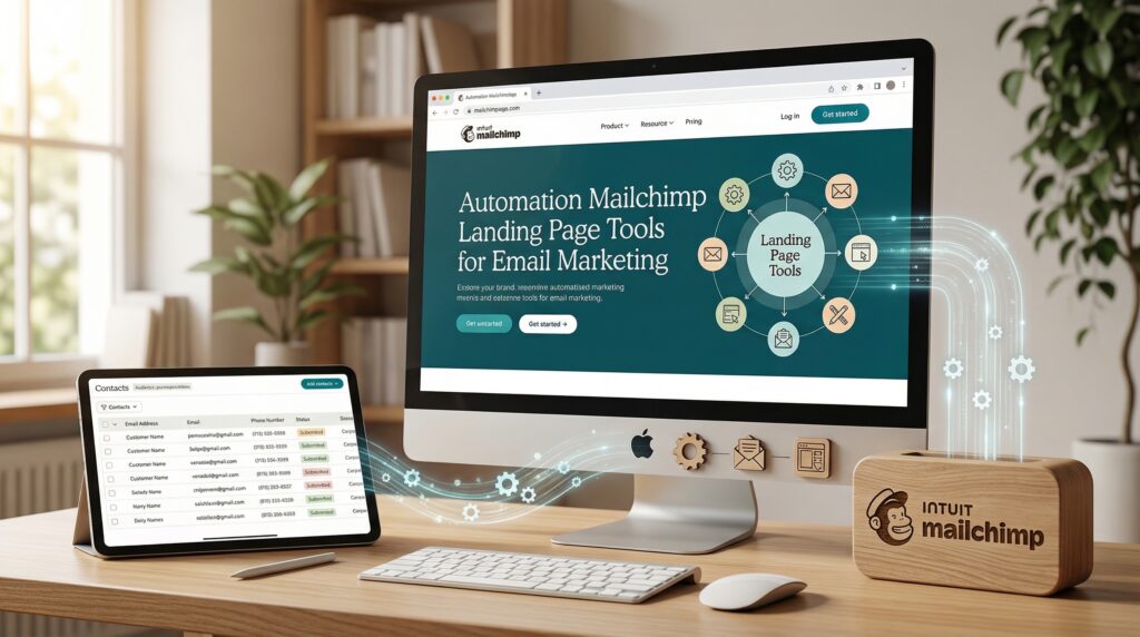 Desktop and tablet on a wooden desk displaying Mailchimp dashboards, illustrating how marketing automation and contact management work together to power high-converting Landing Pages.