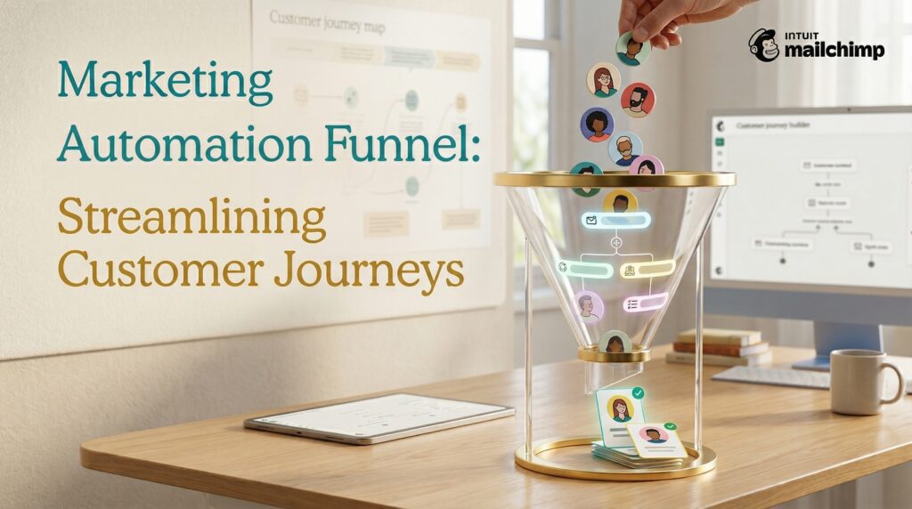 Hand dropping illustrated customer icons into a glowing glass funnel on a wooden desk, symbolizing automated marketing workflows and organized customer journeys in a modern office setting.