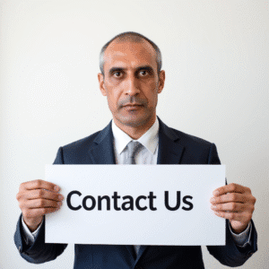 A man in a dark suit and tie holds a white sign that reads Contact Us in bold black letters, inviting you to reach out against a plain, light background.