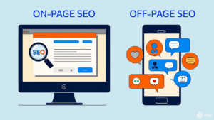 Illustration showing On-Page SEO with a monitor displaying a webpage and magnifying glass—emphasizing on site SEO optimization—and Off-Page SEO with a smartphone and social icons, highlighting effective SEO strategies.