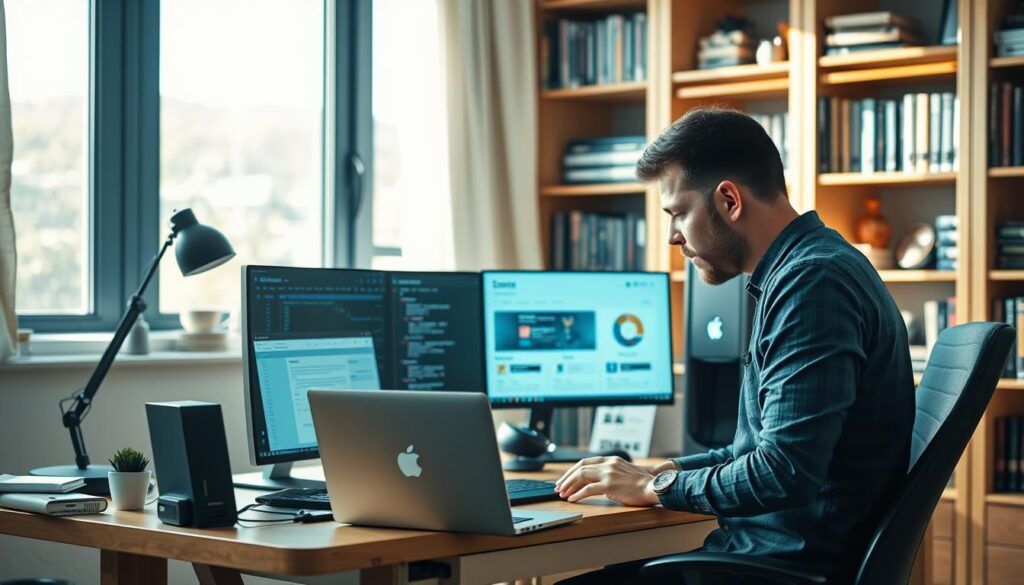 A serene and organized home office setting, illuminated by soft natural light filtering through a large window. On the desk, a laptop, a sleek tower PC, and various computer peripherals are neatly arranged. Bookshelves line the walls, filled with technical manuals and programming references. In the foreground, a thoughtful user examines their "Online tools for Marketing" dashboard, contemplating their self managed hosting setup. 