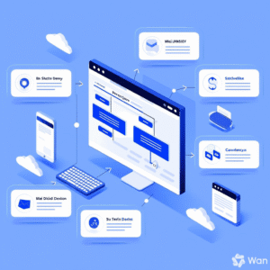 A computer monitor displays a web interface, surrounded by floating icons and text boxes representing email, notifications, charts, and user profiles—illustrating digital workflow with a focus on on site SEO optimization in a modern blue theme.