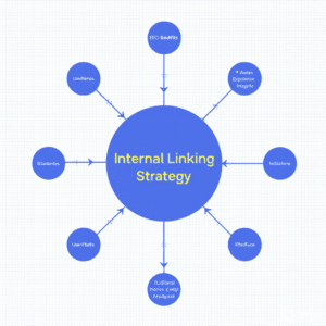 A blue central circle labeled Internal Linking Strategy has arrows pointing to eight surrounding circles with unclear text, illustrating how internal link strategy supports on site SEO optimization on a white grid background.