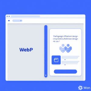 A stylized illustration of a web browser window showing WebP on the left and a card with abstract text, graphics, and icons on the right, all in blue and white tones, representing effective On Page SEO Keyword Placement.