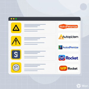 A graphic of a web page displays rows with warning icons, logos like WotrdPetsmize, Autoptism, and WP Rocket, plus brief text for each—emphasizing on site SEO optimization and internal link strategy for better website performance.