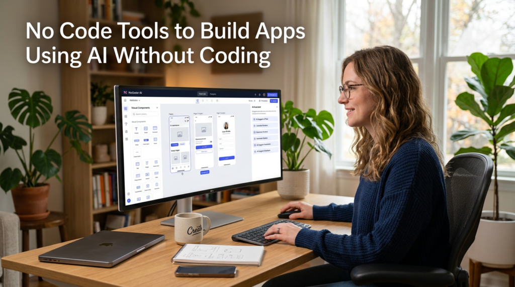 Woman at a home office desk designs mobile app screens on a large monitor, using No Code Tools to Build Apps with an AI-powered drag‑and‑drop interface.