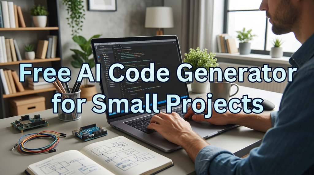 Man working at a laptop in a home office, comparing handwritten app flowcharts with an AI-assisted interface that suggests No Code Tools to Build Apps for small development projects.