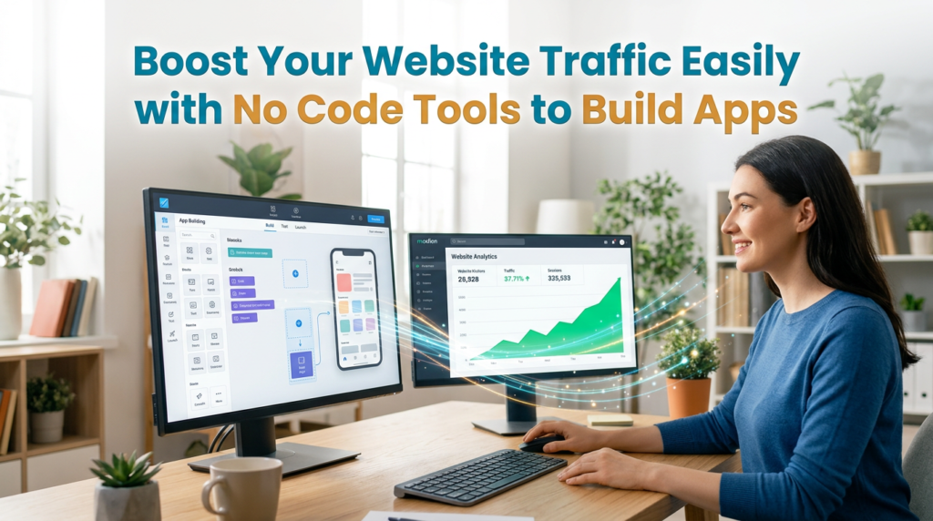 Smiling woman at a dual‑monitor desk uses No Code Tools to Build Apps on one screen while website analytics with rising traffic graphs appear on the other, in a bright home office.