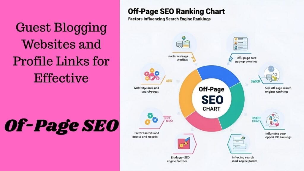 A graphic titled Off-Page SEO Ranking Chart highlights factors like backlinks, guest blogging, social media, and reviews. Pink text reads: Guest Blogging Websites and Profile Links for Off-Page SEO traffic growth.