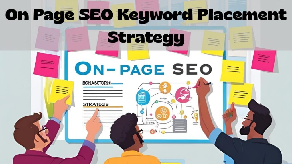 Illustration of three people brainstorming in front of a whiteboard with diagrams and sticky notes. The board displays On Page SEO Keyword Placement, with a large headline reading, On Page SEO Keyword Placement Strategy.