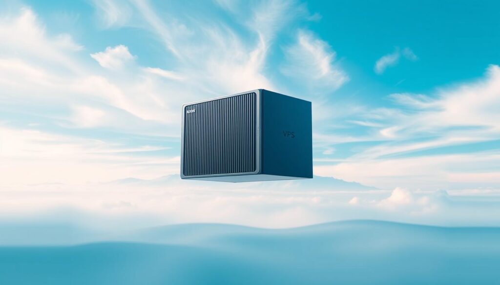 Prompt A sleek, minimalist VPS cloud server, hovering in a serene, ethereal landscape. Soft, diffused lighting illuminates the server's clean lines and metallic sheen, creating a sense of power and efficiency. In the background, wispy clouds drift across a vibrant blue sky, conveying a feeling of boundless potential. The server is the centerpiece, representing the reliable, self managed hosting solution that empowers your website to reach new heights. 