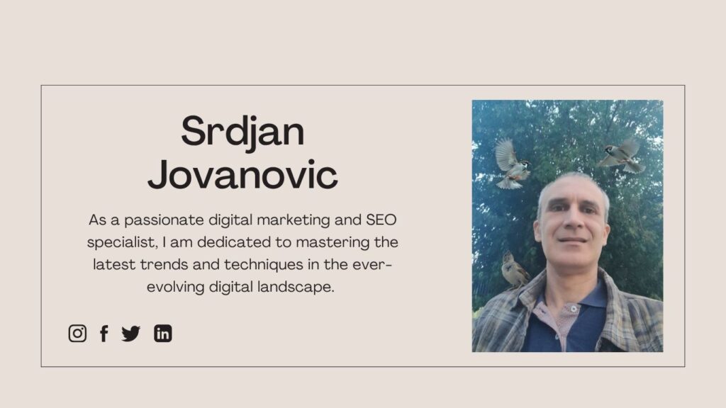Profile card for Srdjan Jovanovic, a Digital Marketing and SEO specialist, featuring his portrait on the right surrounded by birds. On the left, learn about his dedication to digital trends, with social media icons displayed below.