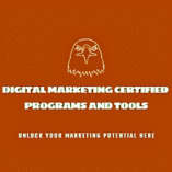 Orange background with a simple eagle head outline above bold white text that reads Digital Marketing Certified Programs and Tools. Smaller text below says, Unlock your marketing potential here.