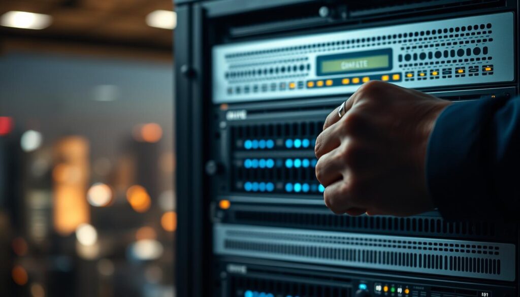 A person adjusts a knob on a server rack in a data center, with blurred lights and equipment in the background, emphasizing technology and network infrastructure vital for self managed hosting.