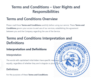 Screenshot of a Terms and Conditions page featuring bold headings and an overlay of a blue circular eagle seal reading Unlock Marketing Potential, Certified Programs, Since 2024.