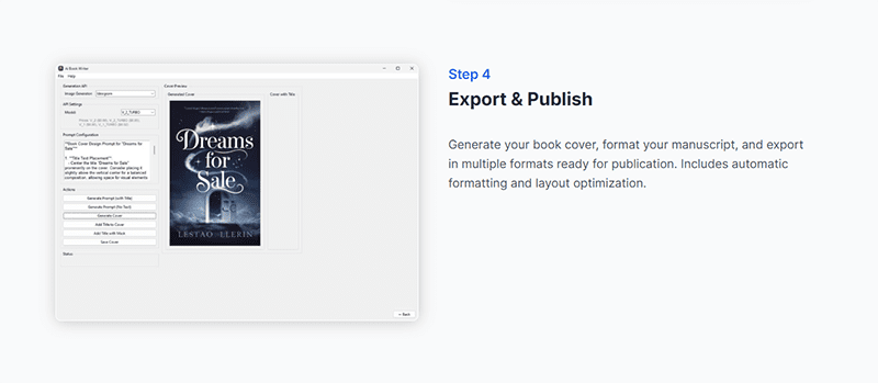 A computer screen displays AI Book Writer export settings with a preview of a book cover titled Dreams for Sale. Next to it, text reads Step 4 Export & Publish with a description about generating and exporting a book for publication.