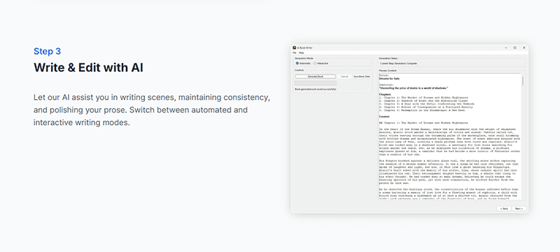 A webpage section titled Step 3 Write & Edit with AI highlights AI Book Writer features; on the right, a computer window displays an AI tool editing or generating text in a writing interface.