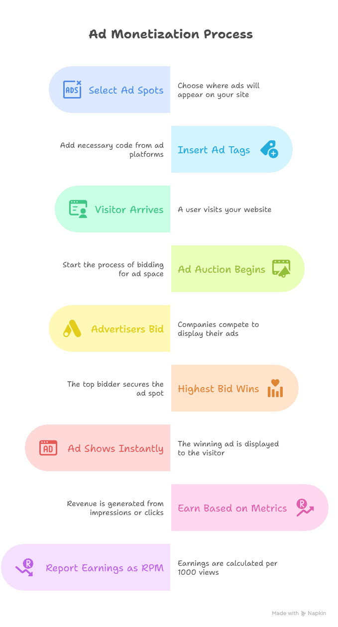 Infographic titled What is Ad Monetization Process with eight colorful steps: Select Ad Spots, Insert Ad Tags, Visitor Arrives, Ad Auction Begins, Advertisers Bid, Highest Bid Wins, Ad Shows Instantly, Earn Based on Metrics, and Report Earnings as RPM.
