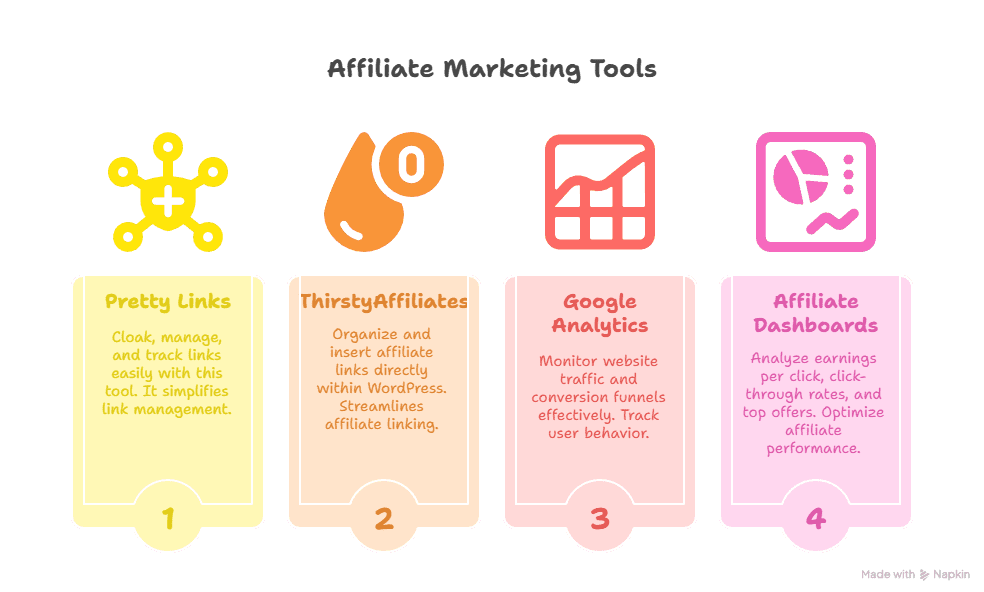 An infographic titled Affiliate Marketing Tools lists four tools: Pretty Links, ThirstyAffiliates, Google Analytics, and Affiliate Dashboards—essential picks for any Affiliate Marketing Strategy—with brief descriptions and colorful icons above their names.