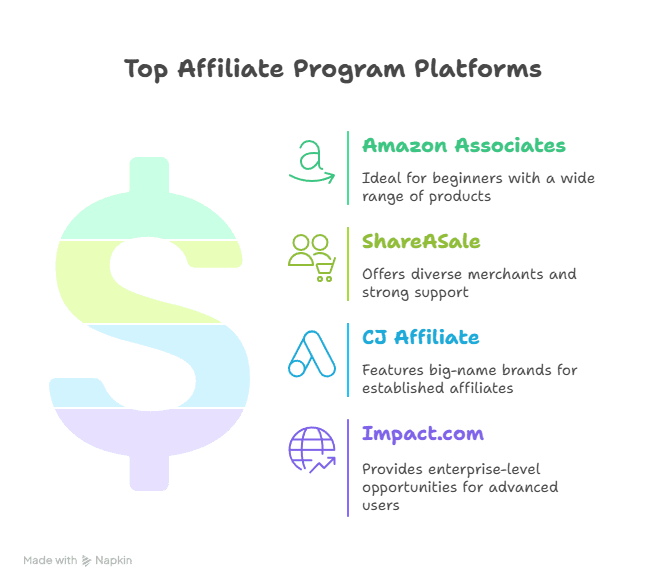 Infographic titled Top Affiliate Program Platforms with a large pastel dollar sign. Highlights how each platform supports your affiliate marketing strategy, featuring Amazon Associates, ShareASale, CJ Affiliate, and Impact.com with icons and key features.