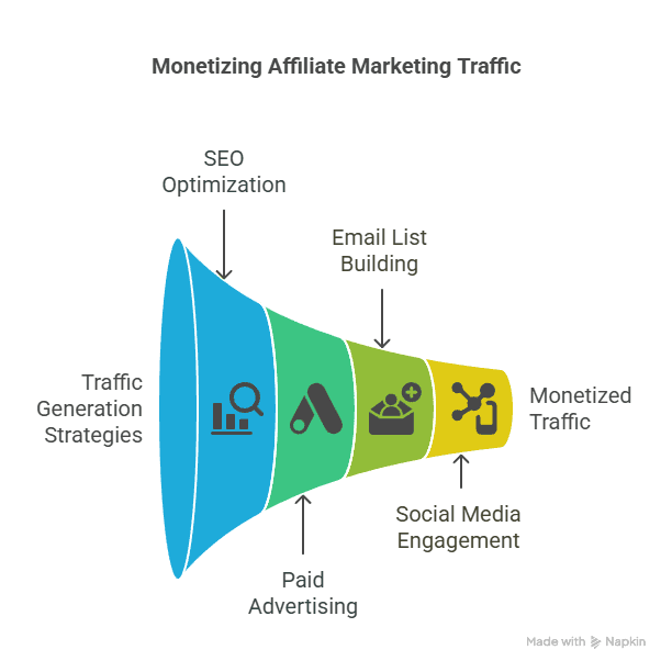 A funnel diagram illustrating a proven method in affiliate marketing strategy: Traffic Generation Strategies, SEO Optimization, Paid Advertising, Email List Building, Social Media Engagement—culminating in Monetized Traffic.