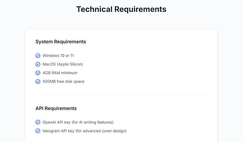 A screenshot lists technical requirements for AI Book Writer: Windows 10 or 11, MacOS (Apple Silicon), 4GB RAM minimum, 500MB free disk space, an OpenAI API key for AI writing, and an Ideogram API key for cover design.