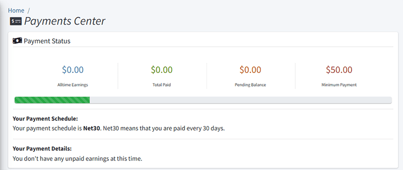 A Payments Center dashboard for the Best CPA Network displays all-time profit and total paid as $0.00, pending balance as $0.00, and minimum payment as $50.00. The progress bar is partially filled, with no unpaid earnings available.
