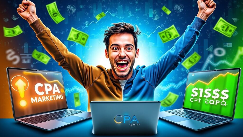 A smiling man with raised arms sits between two laptops displaying CPA Offers and dollar signs, with money floating around and digital charts in the background, symbolizing financial success online.