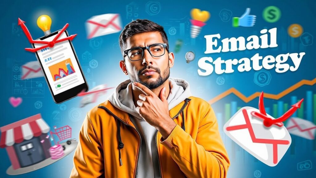 A thoughtful man in glasses and a yellow jacket stands amid floating emails, a smartphone, and marketing icons, with the words Email Marketing Strategy on a blue background featuring charts.