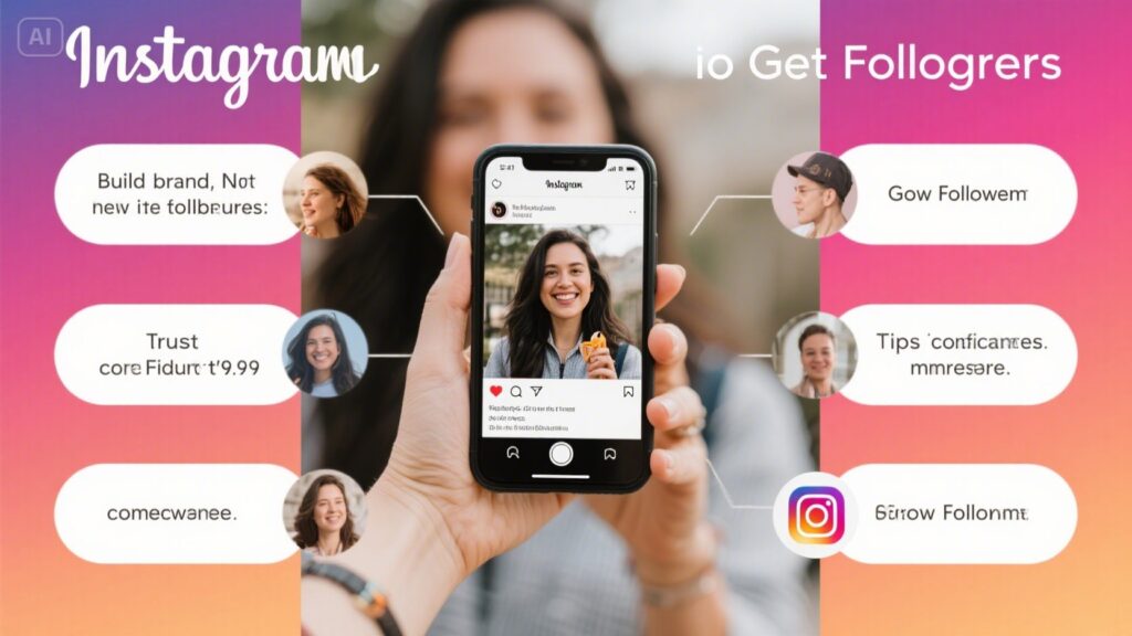 A hand holds a phone displaying an Instagram profile. Surrounding the phone are suggestions for gaining followers, featuring multiple spelling errors. The background features a pink-orange gradient and hints at simple strategies for growth.