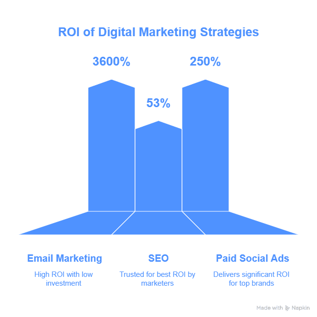 Bar chart titled ROI of Digital Marketing Strategies compares Email Marketing (3600%), SEO (53%), and Paid Social Ads (250%). Email Marketing shows the highest ROI. Learn how to calculate ROI for each strategy.