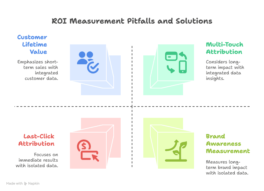 A chart titled ROI Measurement Pitfalls and Solutions shows four quadrants—Customer Lifetime Value, Multi-Touch Attribution, Last-Click Attribution, and Brand Awareness Measurement—with brief descriptions, icons, and tips on how to calculate ROI effectively.