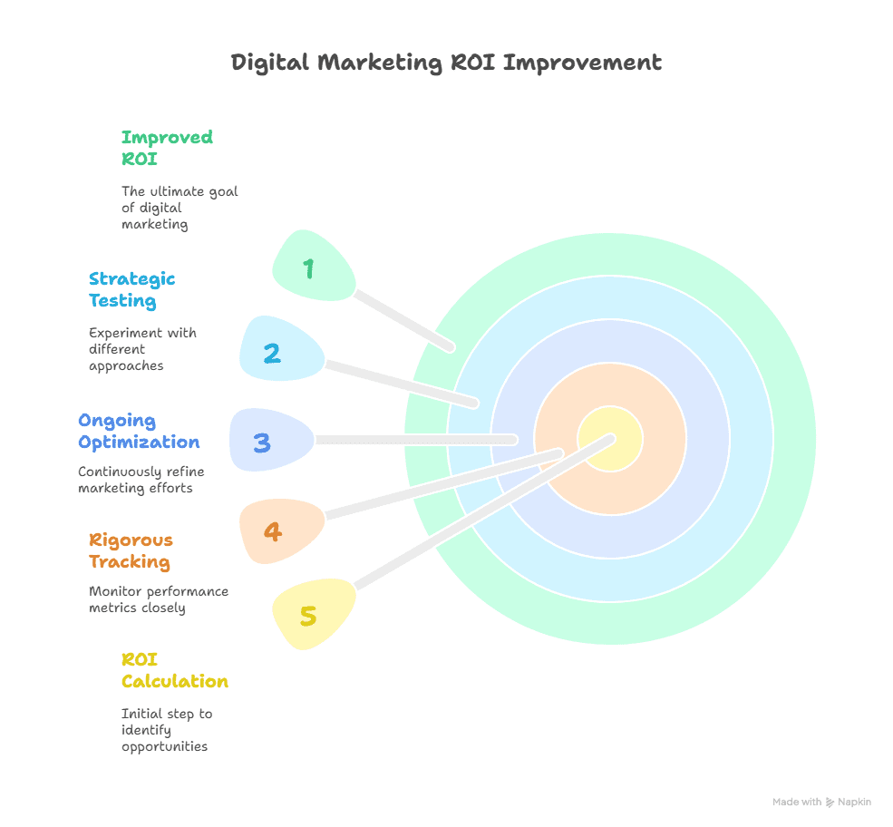 A colorful bullseye diagram with five steps for digital marketing ROI improvement, including How to Calculate ROI, Rigorous Tracking, Ongoing Optimization, Strategic Testing, and Improved ROI—each clearly labeled and color-coded with descriptions.